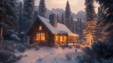 Poster - A log cabin, warmly lit from within, stands amidst a snow-covered forest near majestic mountains during sunset. The scene exudes tranquility and comfort, perfect for a winter getaway.