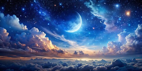 Wall Mural - Celestial Tapestry A Dreamlike Sky With A Crescent Moon And Shimmering Stars Over A Sea Of Clouds