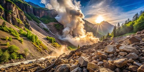 Canvas Print - Golden Light Illuminates a Dramatic Mountain Landscape, Where a Plume of Mist Rises from a Rocky Gorge, a River Winds Through the Foothills, and the Sun's Rays Pierce Through the Clouds