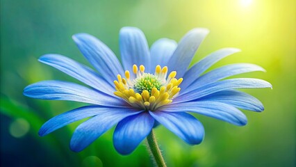 Poster - A delicate blue flower blooms in the soft glow of sunlight, showcasing its intricate details and vibrant colors.