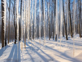 A peaceful forest in winter with icicles hanging from every branch glistening in the sunlight The snow-covered ground and the clear blue sky create a pristine and tranquil winter wonderland