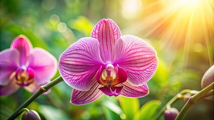 Poster - A Delicate Orchid Blossom Bathed in Warm Sunlight, Its Petals Displaying Intricate Veins and a Soft Pink Hue, Set Against a Lush Green Background