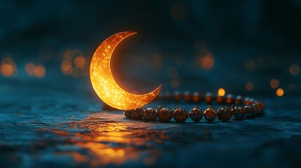 Poster - Tranquil Ramadan themed minimalistic background a decorative prayer bead and a crescent moon softly glowing against a subtle textured backdrop symbolizing reflection and spirituality during Ramadan