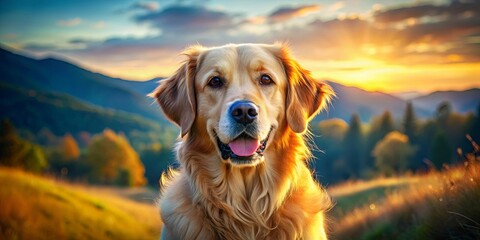 Sticker - A Golden Retriever Gazes Into the Sunset Over Rolling Hills, With a Delighted Expression on its Face