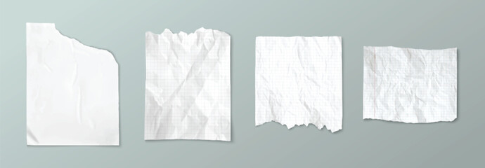 Poster - Torn notebook paper with wrinkles. Crumpled white sheet with checkered pattern. Realistic 3d vector illustration set of wrinkled blank scrapbook and collage design material. Memo note mockup.
