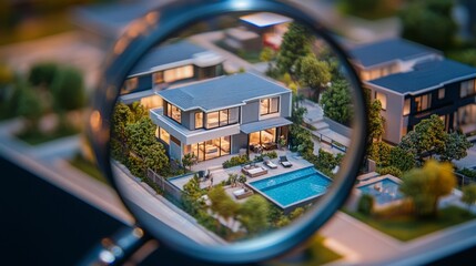 Poster - A detailed architectural model showcases a contemporary home featuring a swimming pool and landscaped garden, all viewed through a magnifying glass, highlighting design intricacies.