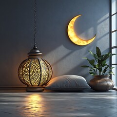 Poster - Tranquil Ramadan themed minimalistic background showcasing a contemporary Arabic lantern and a crescent moon both softly illuminated placed on a muted grey backdrop for a sophisticated touch