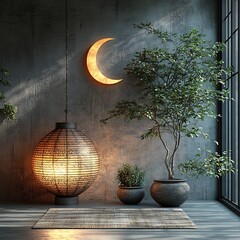 Poster - Tranquil Ramadan themed minimalistic background showcasing a contemporary Arabic lantern and a crescent moon both softly illuminated placed on a muted grey backdrop for a sophisticated touch