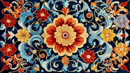 Poster - Vibrant and intricate colorful arabesque pattern featuring swirling shapes and floral designs blending shades of blue red and gold creating a rich tapestry that reflects traditional artistry