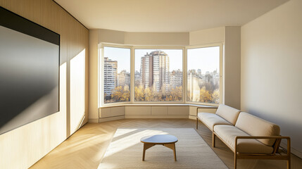 Modern living room with a scenic view of city buildings during daylight hours