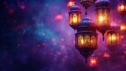 Poster - Vibrant Eid festival Ramadan banner showcasing a variety of colorful lanterns hanging in a festive arrangement set against a rich purple background with ample space left for text