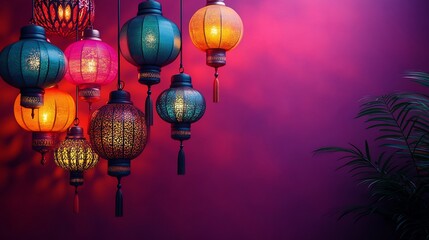 Poster - Vibrant Eid festival Ramadan banner showcasing a variety of colorful lanterns hanging in a festive arrangement set against a rich purple background with ample space left for text