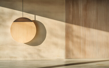 A minimalist interior showcases a large round wooden element hanging against a textured wall