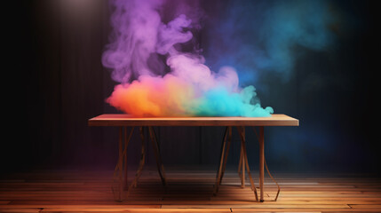 Poster - Digitally generated image of pedestal podium with nebula background. Opened mystery box with red smoke float up on dark background , mystery, box
