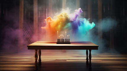 Poster - Digitally generated image of pedestal podium with nebula background. Opened mystery box with red smoke float up on dark background , mystery, box

