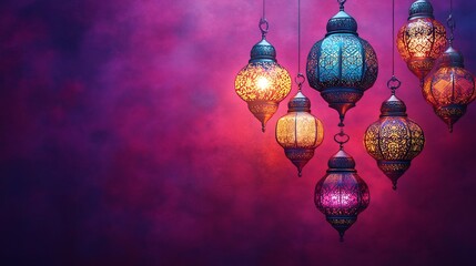Poster - Vibrant Eid festival Ramadan banner showcasing a variety of colorful lanterns hanging in a festive arrangement set against a rich purple background with ample space left for text