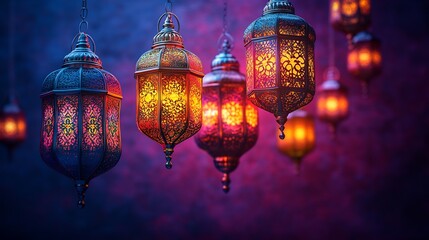 Poster - Vibrant Eid festival Ramadan banner showcasing a variety of colorful lanterns hanging in a festive arrangement set against a rich purple background with ample space left for text