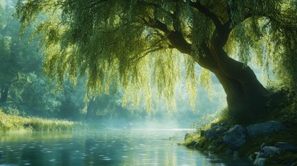 Wall Mural - A willow tree by a peaceful river, its long branches hanging down and swaying gently in the breeze