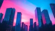 © Sinechana - 2408 16.A futuristic cityscape silhouette in shades of pink and blue, with tall skyscrapers and sleek office buildings against a gradient sunset sky. The sky transitions from vibrant pink to deep