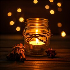 Poster - A glass jar of candle light inside surrounded by cinnamon on wooden table, with bokeh light on dark background