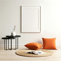 Wall Mural - Modern living room with orange pillows, rattan mat, black tabled and blank picture, frame mockup on the white wall, mockup design, interior home decoration design concept