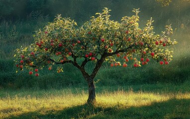 Poster - An apple tree standing in a green meadow, its fruit glowing in the late afternoon sunlight