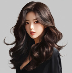 Canvas Print - a korean modern women with layered long hair and c-shaped curled in at the end of the hair.