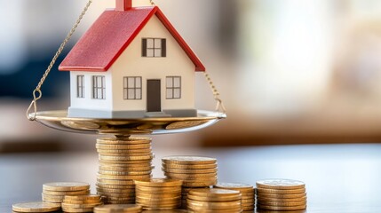 Aufkleber - A model of a house sits atop a balanced scale of coins, emphasizing the relationship between real estate and financial investment. This visual highlights the importance of property value.