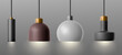 © klyaksun - Modern ceiling lamps set isolated on transparent background. Vector realistic illustration of home, restaurant, office light equipment, round pendants on long wire, stylish interior design element