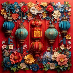 Poster - Vibrant paper cut design featuring multiple colorful lanterns hanging at different heights surrounded by intricate floral designs on a rich red background with space for text in the center