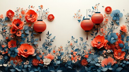 Poster - Vibrant paper cut style banner showcasing cascading lanterns and decorative floral elements on a warm cream background providing room for text at the top