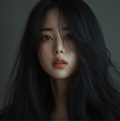 Canvas Print - a korean modern women with layered long hair and c-shaped curled in at the end of the hair.