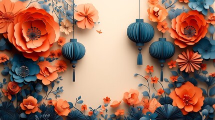 Poster - Vibrant paper cut style banner showcasing cascading lanterns and decorative floral elements on a warm cream background providing room for text at the top