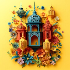 Poster - Vibrant paper cut style design showcasing an array of intricate Islamic lanterns surrounded by swirling floral patterns on a soft yellow background leaving space for text on the right side