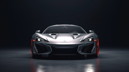 Wall Mural - Automotive Photography, Sleek Light Gray Hypercar with Aerodynamic Design on a Dark Background  Computer generated image of a sports car, studio setup, on a dark background.

 