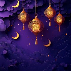 Poster - Vibrant paper cut style scene of hanging golden lanterns with intricate detailing surrounded by swirling stars and moons against a royal purple background with space for text on the left side