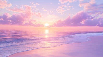 2408 107.a serene morning beach scene with a cotton candy sunrise, where the sky is filled with fluf