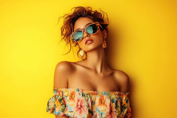 Woman in sunglasses and floral top, standing amidst blooming sunflowers in a bright field under a clear blue sky.