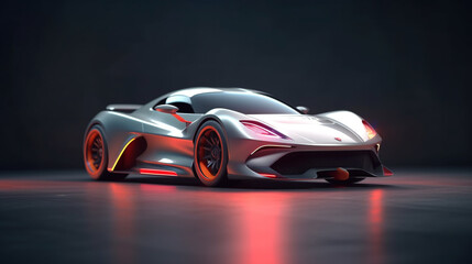 Wall Mural - Automotive Photography, Sleek Light Gray Hypercar with Aerodynamic Design on a Dark Background  Computer generated image of a sports car, studio setup, on a dark background.

 
