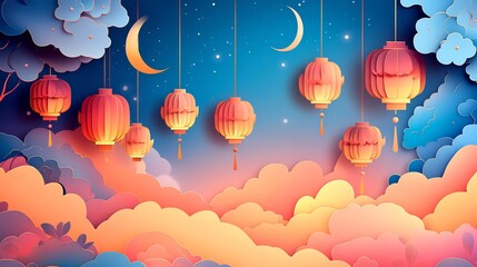 Poster - Vibrant paper cut style scene of hanging lanterns with intricate detailing floating amidst clouds and crescent moons on a twilight sky background with space for text on the left