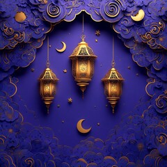 Poster - Vibrant paper cut style scene of hanging golden lanterns with intricate detailing surrounded by swirling stars and moons against a royal purple background with space for text on the left side