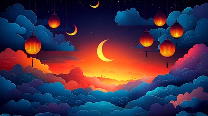 Fototapete - Vibrant paper cut style scene of hanging lanterns with intricate detailing floating amidst clouds and crescent moons on a twilight sky background with space for text on the left