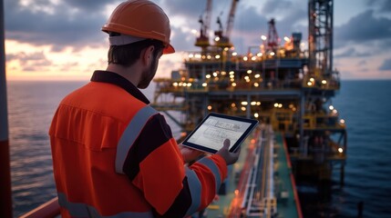 Operators using tablets to manage multiple drilling rigs across a global oil exploration network, ensuring consistent operations and safety