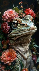 Canvas Print - Frog Portrait with Flowers: A Close-Up of Nature's Beauty