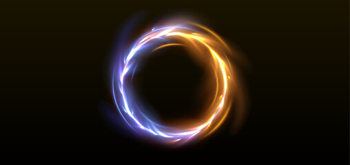 Poster - Vs fire effect circle frame. Flame light ring vector. Circular ignite flare vector design. Neon battle banner template. Blue and orange against game template. Bonfire power aura motion illustration