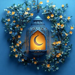 Poster - Vibrant Ramadan themed minimalistic background featuring beautiful Islamic lantern crescent moon intertwined with delicate floral elements creating a festive and inviting atmosphere for the holy month