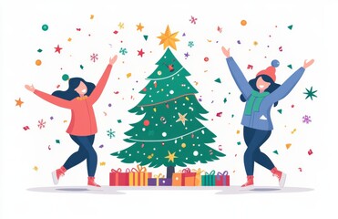 Joyful celebration with two people dancing around a Christmas tree decorated with ornaments and lights