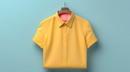 A neatly folded, vibrant polo shirt with a two-tone design lies against a pastel background, reflecting stylish simplicity and modern fashion.  Assorted Blank T-Shirts in Red, Gold, and White on Blue 