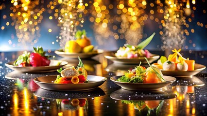 Wall Mural - Abstract Glittering Background with Delicious Food Photography, Colorful Dishes, Creative Presentation, Vibrant Ingredients, Elegant Table Settings, Gourmet Style, Culinary Art, Food Styling