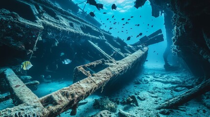 Wall Mural - Inside the hull of a pirate shipwreck underwater, detailed view of broken timbers and corals growing on the wood, schools of fish gliding past, with a soft blue underwater glow illuminating the scene.